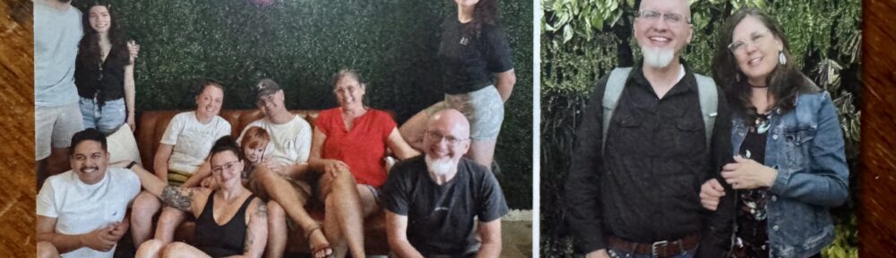 Christmas Card with two photos: the one on the left shows a multigenerational extended family in front of a green background. The one on the right shows Kris and Sean smiling in front of greenery.